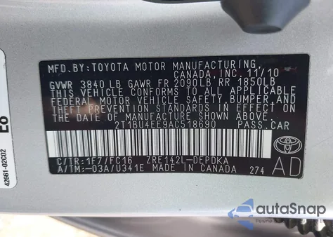 2010 Toyota Corolla Le from USA, damaged, VIN 2T1BU4EE9AC518690